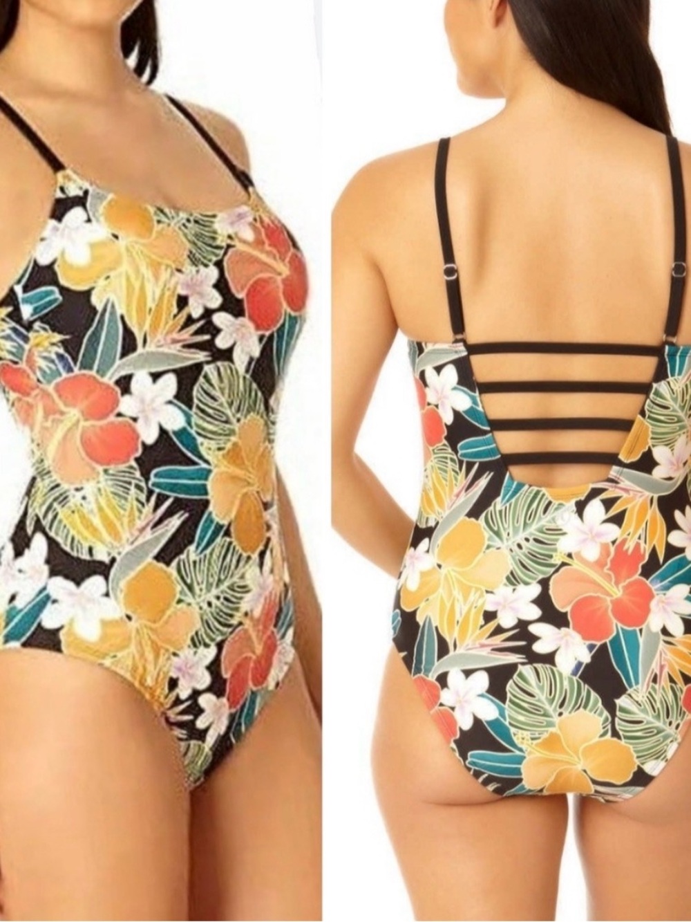 Hurley New! Tropical Hibiscus Floral Bohemian Strappy Back One Piece Swimsuit XL